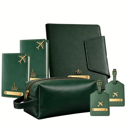 Image of Vegan Leather Family Travel Gift Set, Large Travel Organizer, Medium Pouch, 2 Passport Covers, 2 Luggage Tags in Gift Box (Green)