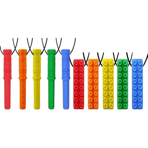 Sensory Chew Necklace by GNAWRISHING 10-Pcs (5 Pcs Cylinders and 5 Pcs Bricks) Rainbow Colors Perfect for Autistic, ADHD, SPD, Occral Motor Boys and Girls (Tough, Long-Lasting) Cover
