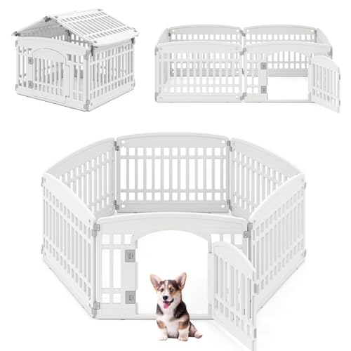 FANTASK Rastrelliera pieghevole per cani da esterno e interno, beccuccio per cani con porta a chiave e 6 pannelli, box per cuccioli in plastica, altezza 60 cm (bianco)