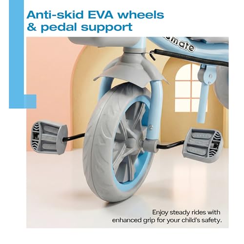 Image of Kidsmate Junior Tricycle for Kids with Parental Control | Cycle for Kids 1-4 Years | Baby Cycle | Bicycle with Storage Basket, Cushion Seat and Seat Belt Carrying Capacity 30 Kgs (Blue-Grey)