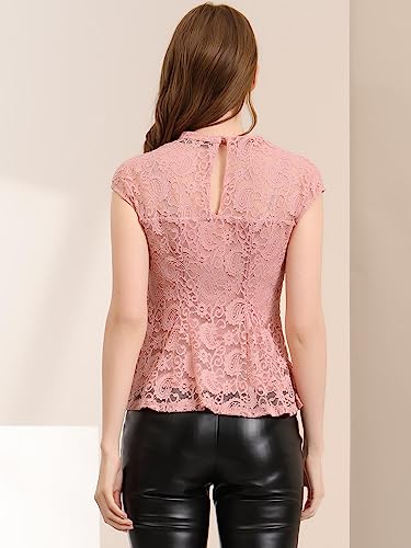 Allegra K Women's Crochet Peplum Floral Crochet Mock Neck Tops Cap Sleeve Lace Blouse Medium Pink #TOP4
