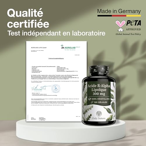 Only Nature® Acide Alpha-Lipoïque R 300 mg - Alpha Lipoic Acid - 120 Gélules Testées en Laboratoire - Vegan - Sans Additifs - Fabriqué en Allemagne - R-Alpha-Lipoïque – vue 5