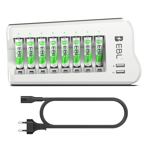 EBL 8PCS AAA Piles Rechargeables1100mAh, avec Chargeur de Piles 8 Slots avec 2 USB Ports pour Accus AA/AAA Ni-MH et Smartphone Tablette Rechargeable Rapide