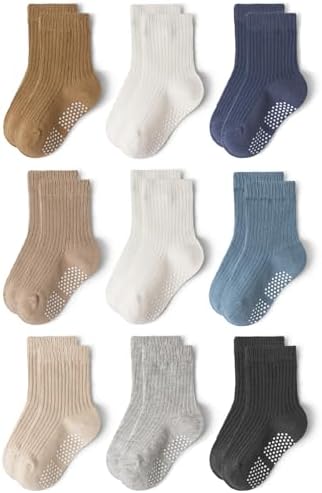 Bearbay Toddler Non Slip Cotton Crew Socks with Anti-slip Dots for Infant Baby Boys Girls 9 Pairs Plain Blue