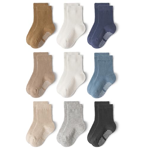 Bearbay Toddler Non Slip Cotton Crew Socks with Anti-slip Dots for Infant Baby Boys Girls 9 Pairs Plain Blue