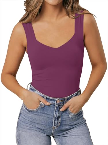 PINKMSTYLE Deep V Neck Double Lined Sleeveless Sexy Tank Tops for Women Y2K Summer T Shirts Wine XX-Large — view 4