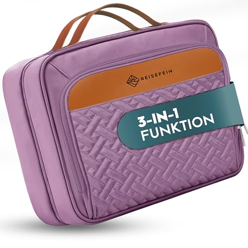 REISEFEIN Kulturbeutel zum Aufhängen – Kulturtasche Damen mit 3-in-1 Funktion – 4 Fächer, Schmuckfach und abnehmbare Schminktasche für Ordnung und viel Platz – Kosmetiktasche zum Aufhängen