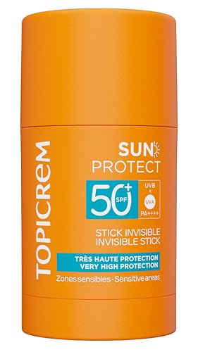 Topicrem - Sun Protect, Stick Invisible SPF50+ - Stick Solaire Visage Très Haute Protection, Hydrate 8h - Soin Peaux Sensibles, Exposées au Soleil - Sans Parfum - 15 g