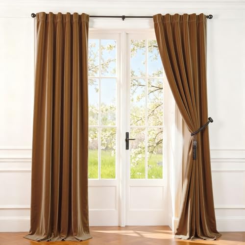 Lazzzy Velvet Curtains Brown Blackout Curtains Thermal Insulated Drapes for Bedroom Living Room Darkening 120 Inches Extra Long Window Treatments Super Soft Luxury Rod Pocket 2 Panels Gold Brown