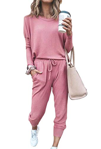 Meenew Women's 2 Piece Sweatsuit Set Long Sleeve Tops and Sweatpants Sets Pink S
