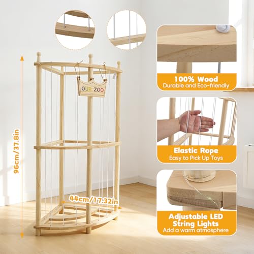 Ecke Kuscheltier Aufbewahrung mit Lichterketten,Doppellagig Holz Stofftier Aufbewahrung, 90cm OUR ZOO Niedlich Raumsparende Plüschtier Spielzeug Organizer für Spielzimmer & Schlafzimmer Home Decor