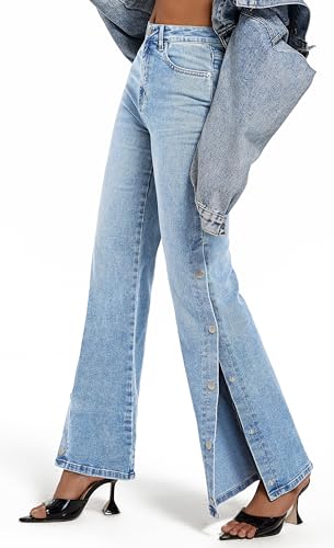 ETTELO Womens Jeans Hig Waisted Straight Leg Loose Stretchy Tummy Control Trendy Side Slit Pale Blue Jeans for Women