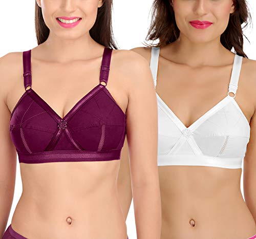 Image of SONA Women's Cotton Non-Padded Non-Wired Full Coverage Bra (Wine-White 42D) Pack of 2