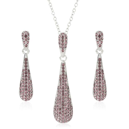 YINLI Purple Rhinestone Teardrop Pendant Necklace Earrings Jewelry Sets