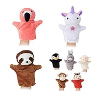 Relaxdays Set of 8 Hand Puppets for Children, Animal Toys, Monkey, Sloth, Flamingo, Unicorn, Soft Plush, Colourful