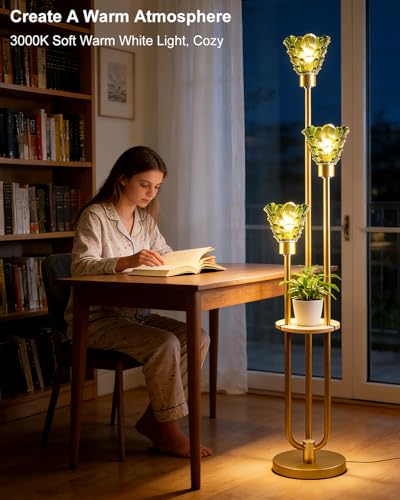 Image of 3-Light Modern Glass Floor Lamp with Shelf, Gold Tall Standing Lamp with Green Flower Glass Shade, LED Floor Lamp with Foot Switch& 5Lbs Heavy Base for Living Room Bedroom, Bulb Included