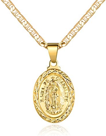 Barzel 18K Gold Plated Flat Mariner/Marina Chain Necklace With Virgin Mary Guadalupe Charm Pendant 3MM (20)
