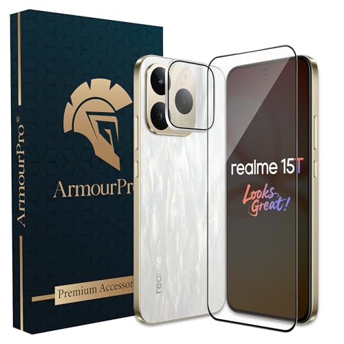 Image of ArmourPro Edge to Edge Tempered Glass for Realme 15T with Silver Camera Ring Guard, 9H Screen Protector, Anti-Scratch, Anti-Fingerprint, Bubble-Free Installation Kit