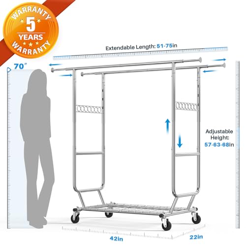 HOKEEPER Perchero Doble para Ropa de Grado Comercial con estantes, rieles Dobles Resistentes, Ajustable, Plegable, con Ruedas, Acabado Cromado - imagen 3