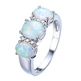 JunXin 10KT White Gold Three Stone Oval Ring Lab Created Green Fire Opal White CZ Size6/7/8/9(8)