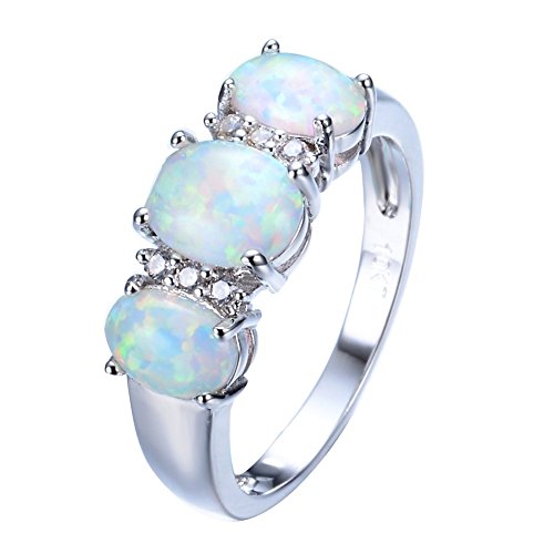 Junxin 10Kt White Gold Three Stone Oval Ring Lab Created Green Fire Opal White Cz Size6/7/8/9(8) #TOP26