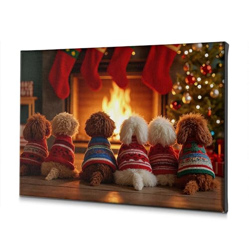 Tableau motif chiens et cheminée de Noël 30 x 40 cm idée cadeau originale