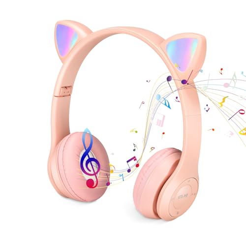 Cliplanyard Bluetooth Wireless Headphones for Kids, Cat Ear LED Light with Microphone, Over Stereo Children Headset TF Card/Wired Foldable Earphones Girls Boys Gift Age 7+ Pink