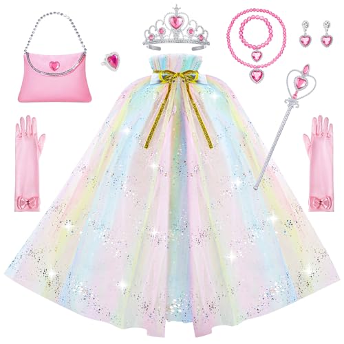 Minetom Princess Dresses for Girls, Princess Cape Set Dress Up Clothes with Tiara Crown, Wand, Easter Birthday Gift for Little Girls