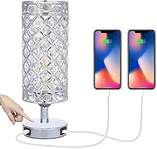 Tomshine Touch Control Crystal Bedside Lamp with Dual USB Port 3-Way Dimmable Table Lamp with E27 Glitter Lampshade for Bedrooms Living Room(LED Bulb Included) (Silver),LT132UK