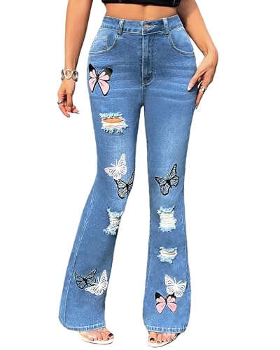 Women's Ripped Butterfly Print Flare Bell Bottom Jeans High Waisted Relaxed Wide Leg Denim Pants4
