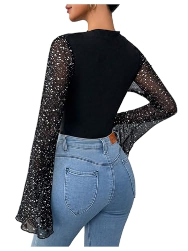 GORGLITTER Women's Sequin Contrast Mesh Ruched Bodysuits Mock Neck Bell Long Sleeve Leotard Top Black L