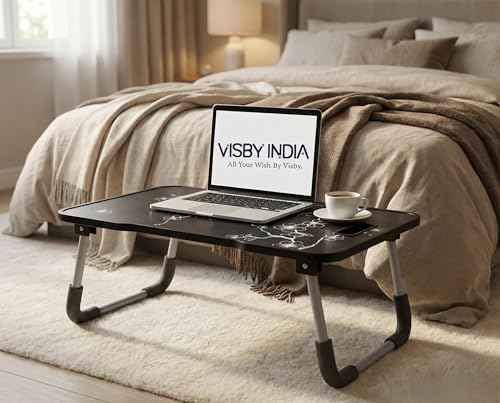 Image of VISBY INDIA Smart Multipurpose Foldable Laptop Table with Cup Holder, Study Table, Bed Table, Breakfast Table, Foldable and Portable /Ergonomic & Rounded Edges /Non-Slip Legs (Flower C-Biding)