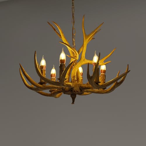NaMaSyo 220V 6 Licht Harz Geweih Kronleuchter Country Retro Hirschhorn Beleuchtung Lampen Dekoration Vintage Stil Geweihlampe für Wohnzimmer Schlafzimmer Küche Esszimmer Bar, Braun (A)