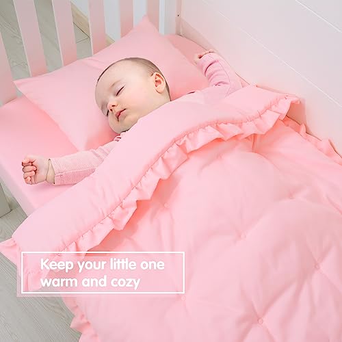 Image of JISEN 3 Piece Crib Bedding Set Soft Baby Ruffle Crib Comforter Set with Quilt, Sheet, Pillowcase - Nursery Bedding for Boys or Girls Pink