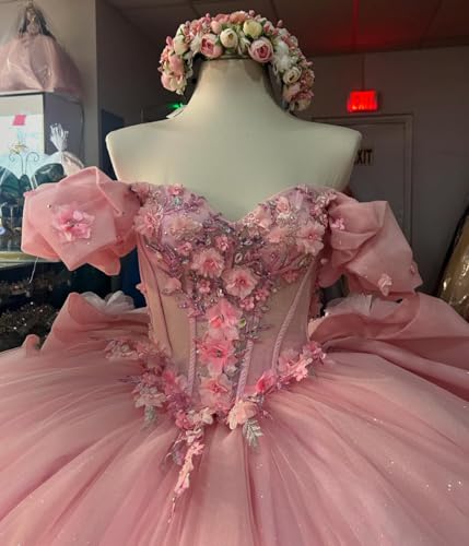 3D Flowers Quinceanera Dresses with Long Train Off Shoulder Ball Gown Ruffled Sleeves Puffy Dress for 15 164