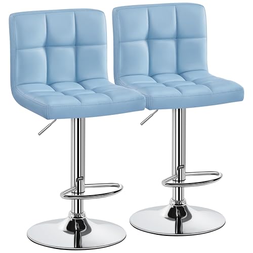 Yaheetech Bar Stools Set of 2, Adjustable PU Leather Swivel Barstools, Modern Counter Stools with Back and Footrest, Counter Height Barstools for Bar, Kitchen, Dining Room, Blue