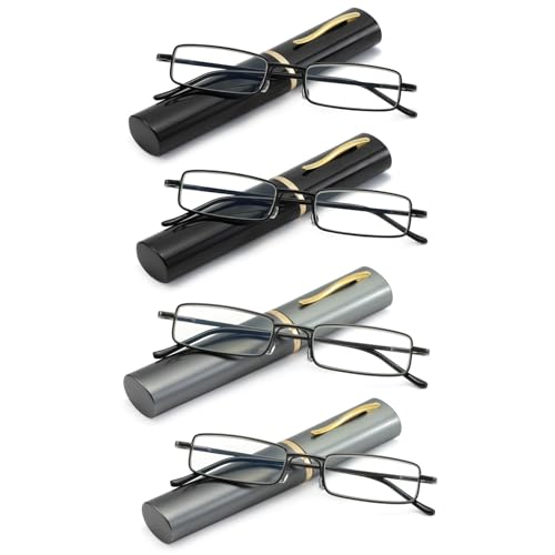 OWTXIS Blue Light Blocking Reading Glasses - Slim Pocket Readers with Pen Clip Case Mini Lightweight Readers