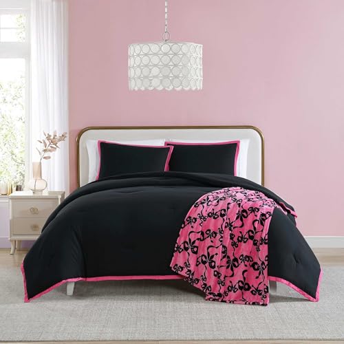 Betsey Johnson - Queen Comforter Set with Shams & Bonus Plush Throw Blanket Soft & Lightweight Bedding Dorm Room Essentials Signature Hotel Solid Black