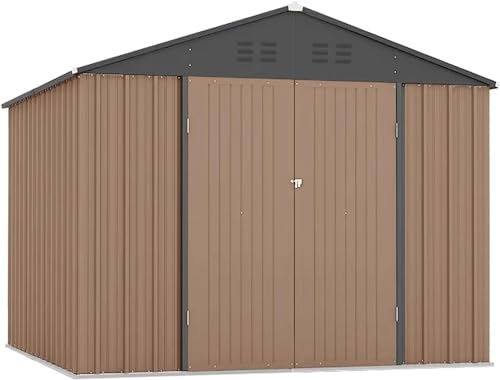 Zstar 7.5 x 8.5 FT Outdoor Storage Shed, Utility Tool Shed Storage House with Updated Frame Structure & Lockable Door, Waterproof Garden Steel for Backyard, Garden, Lawn, Patio, Brown