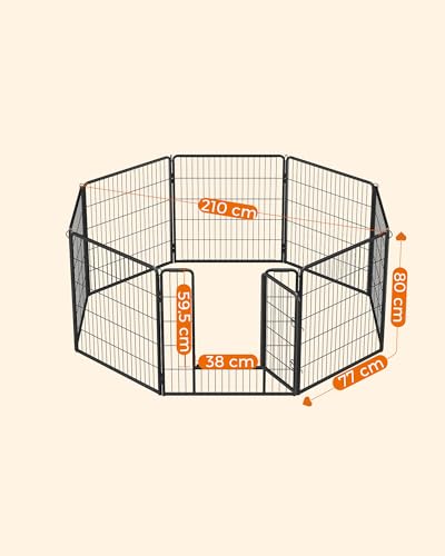 Feandrea Freilaufgehege, Laufstall DIY, mit 8 Gitterplatten je 77 x 80 cm, 2 L-förmige Riegel, transportabel, für innen und außen, extra große Haustiere ohne Halsband, schwarz PPK88H