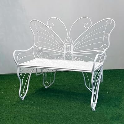 LYUCAYHQ Garden Bench, Park Bench with Sturdy Iron Metal Frame, Pretty Butterfly Patio Bench Front Porch Bench for Porch, Lawn, Garden, Yard 45 Inches(White)