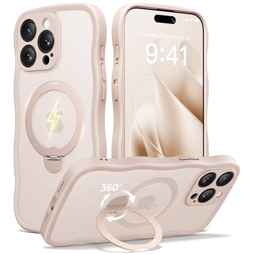 CAPRARO for iPhone 15 Pro Case with 360 Spin Magnetic Stand for Women [Compatible with MagSafe] [Full Camera Protection] Cute Wave Translucent Matte Case for iPhone 15 Pro Rose Gold