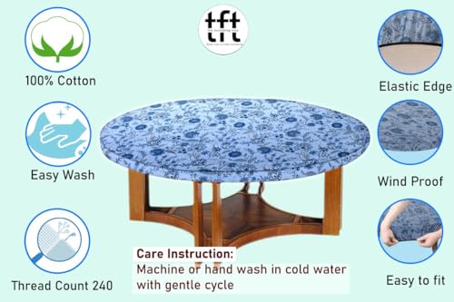 Image of The Furnishing Tree Elastic Cotton Round Center Table Cover 20x20 in Inches Floral Navy Blue