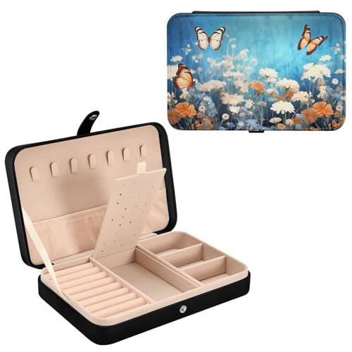 Haskirky Blue Flowers Jewelry Box Portable PU Leather Travel Jewelry Organize for Women Jewelry Storage Display Holder for Ring, Necklace, Earring