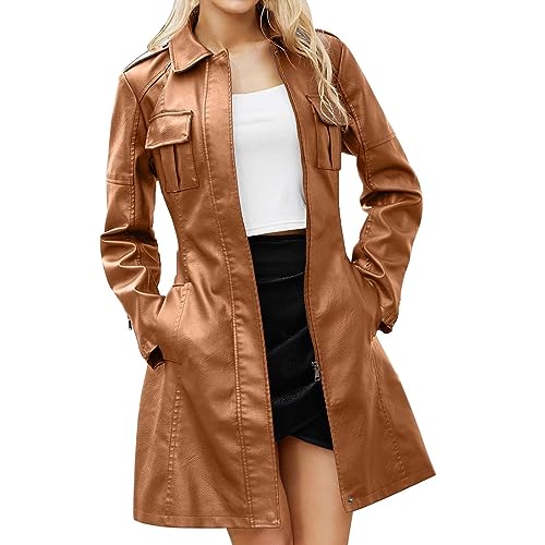 GULASISI Veste en cuir de longueur moyenne pour femme - Trench-coat à col ouvert britannique de mode - Veste d'hiver pour femme en cuir résistant au vent...
