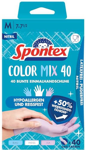 Spontex Color Mix, 40 farbenfrohe Einmalhandschuhe aus Nitril, latexfrei und ungepudert, Größe M, 40 Stück