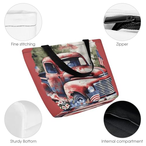 Women Tote Bags with Handles Patriotic Old Red Truck Shoulder Bag with Zipper Handbags Shopping Bags Travel Bag Beach Bag Reusable Grocery Bag for Swim Holiday Gift3