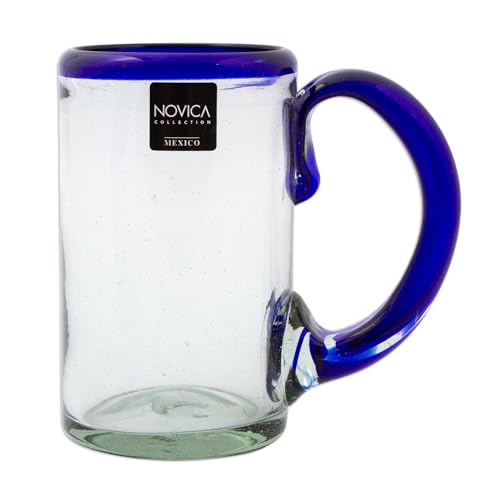 NOVICA Artisan Crafted Clear Blue Hand Blown Recycled Glass Beer Mugs Glasses, 16 Oz. 'Cobalt Beer' (Set Of 6)