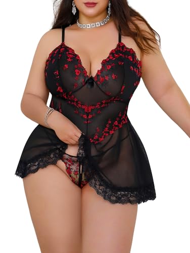 Image of Alrovetoney Women Plus Size Babydoll Lingerie Lace Chemise Mesh Sleepwear Strappy Sexy Nightgown Boudoir Outfit L-4XL