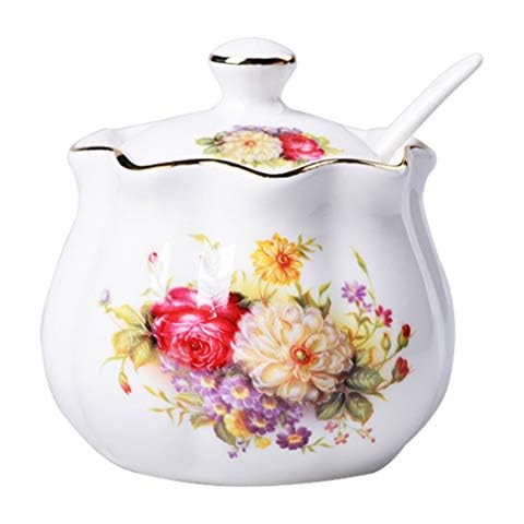 Mozacona Ceramics Retro Flower Sugar Bowl Spice Jar Storage Seasoning Pot with Lid Spoon Cover